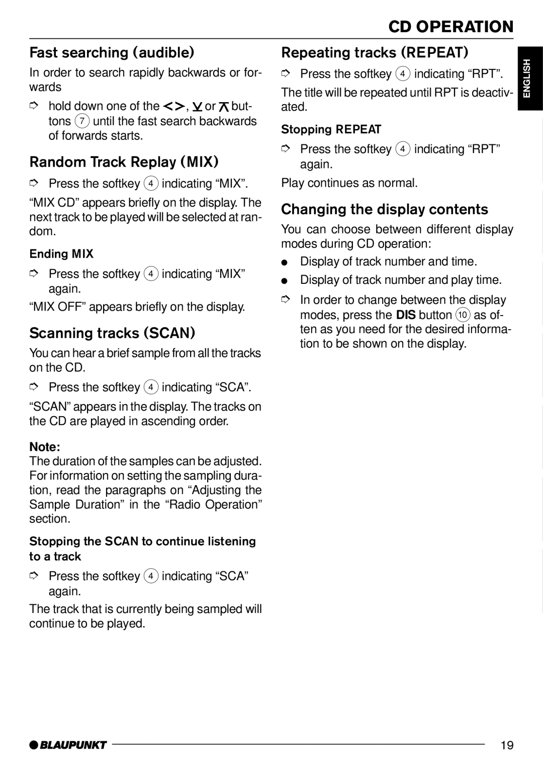 Blaupunkt MP71 Fast searching audible, Random Track Replay MIX, Scanning tracks Scan, Repeating tracks Repeat 