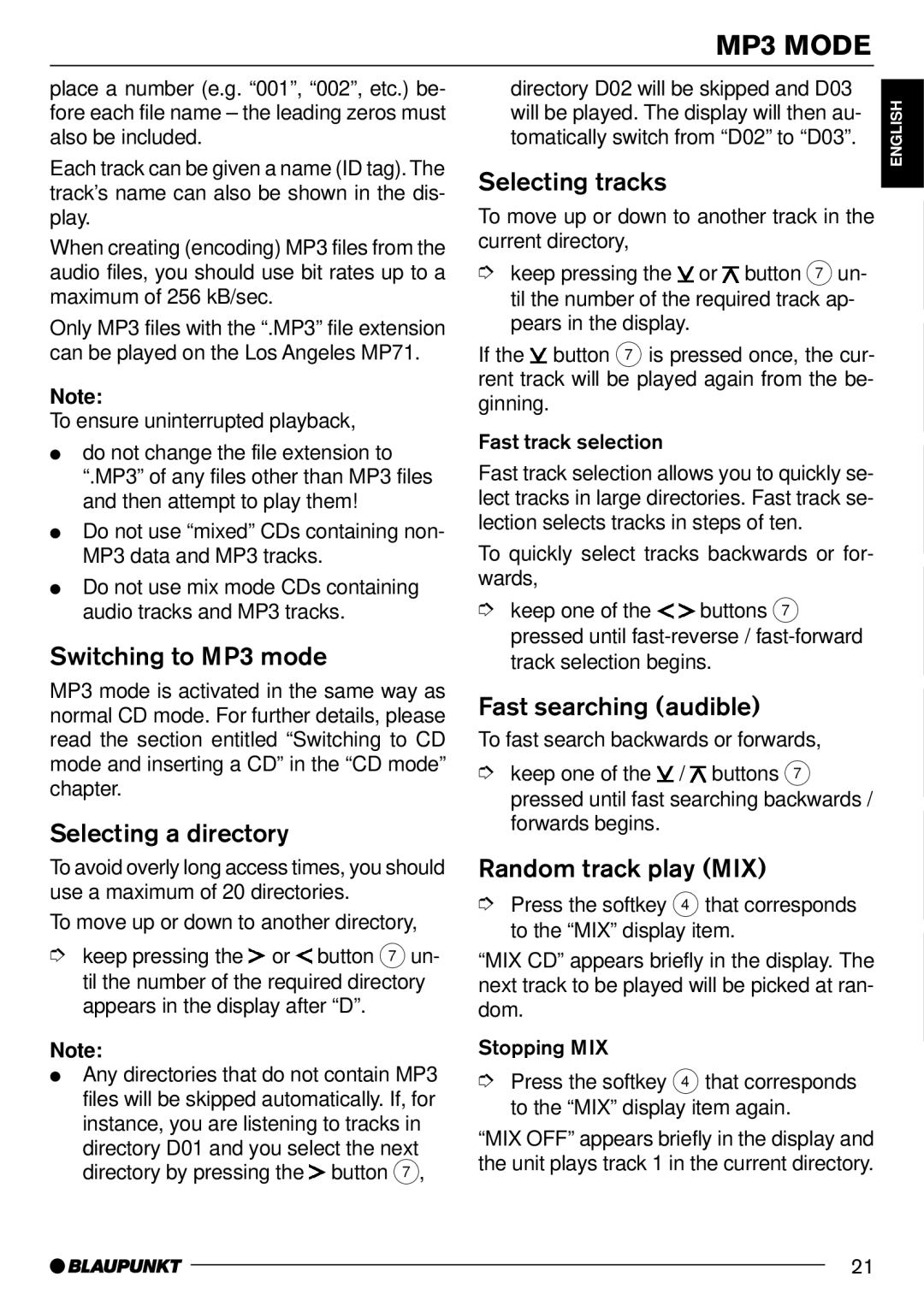 Blaupunkt MP71 operating instructions Switching to MP3 mode, Selecting a directory, Selecting tracks, Random track play MIX 