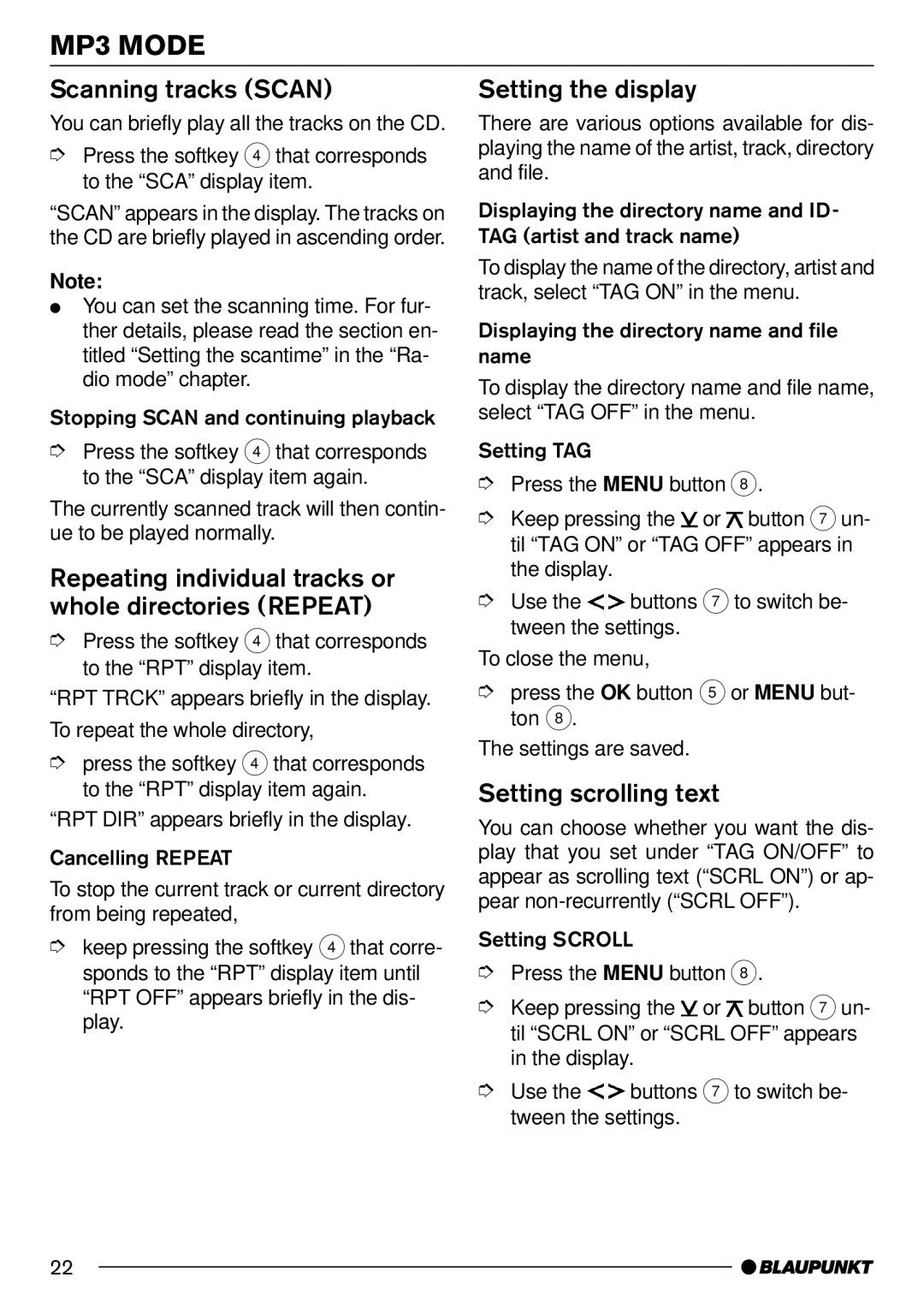 Blaupunkt MP71 Repeating individual tracks or whole directories Repeat, Setting the display, Setting scrolling text 