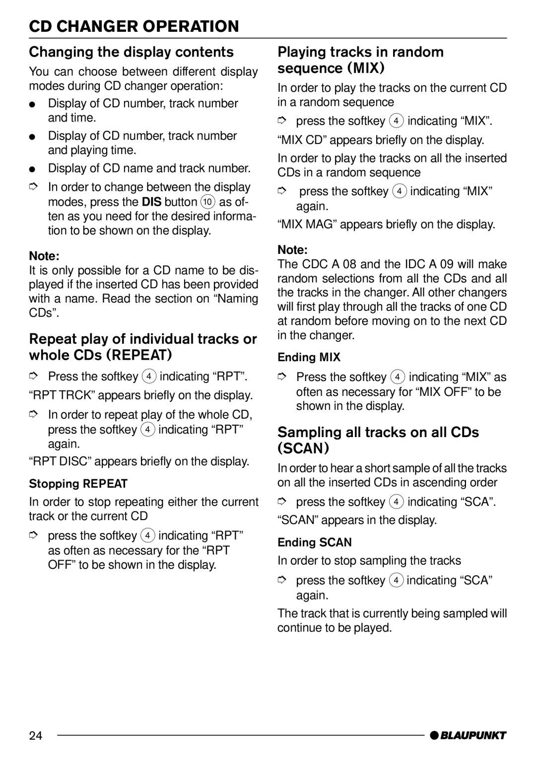 Blaupunkt MP71 operating instructions CD Changer Operation, Repeat play of individual tracks or whole CDs Repeat 