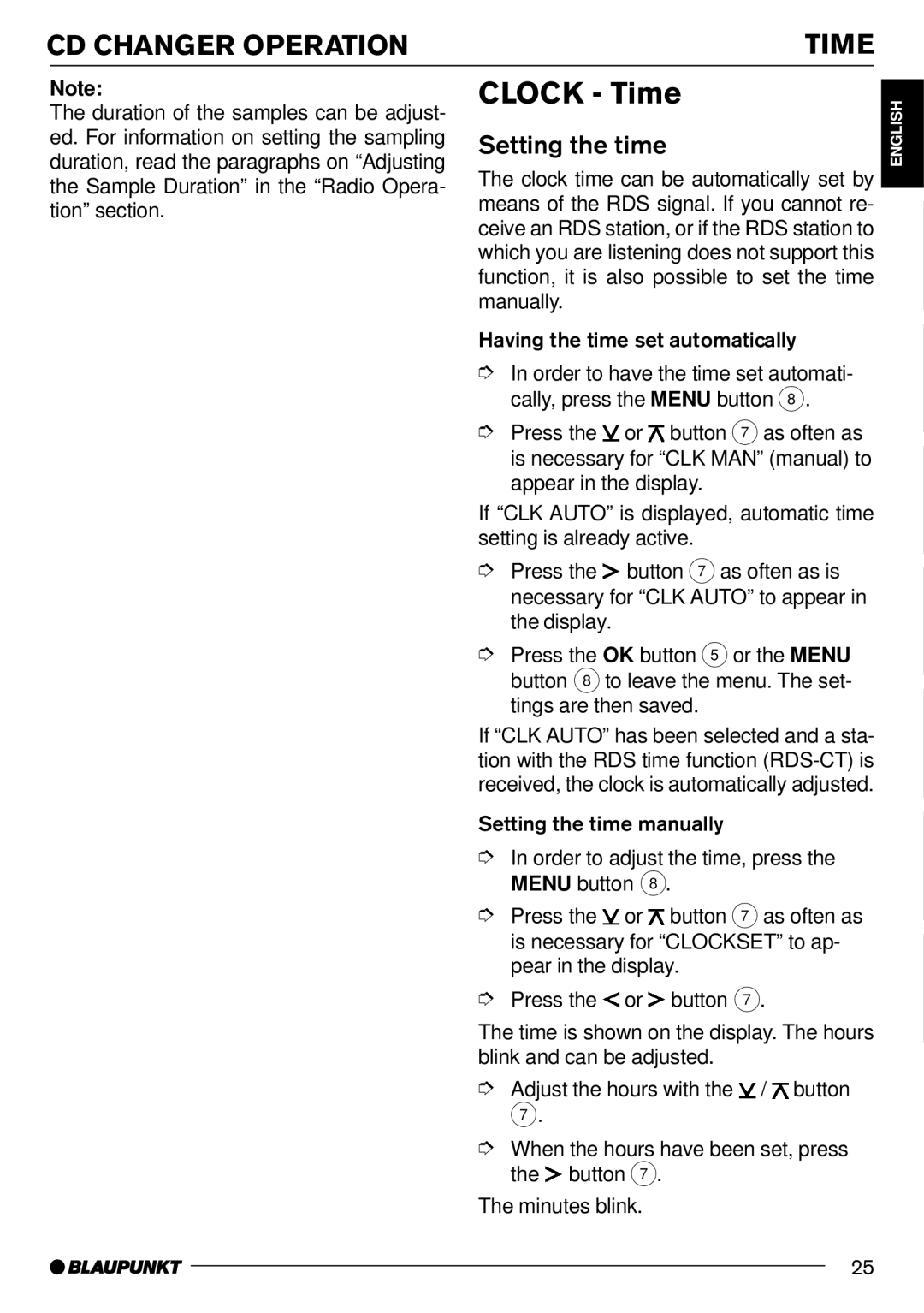 Blaupunkt MP71 Clock Time, CD Changer Operation Time, Setting the time, Clock time can be automatically set by 