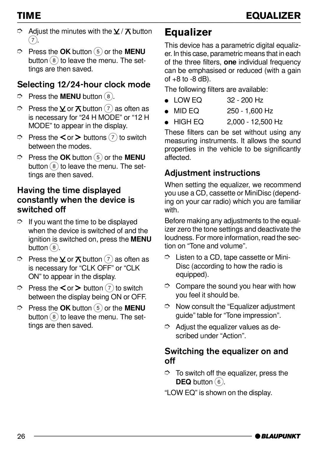 Blaupunkt MP71 operating instructions Time Equalizer, Selecting 12/24-hour clock mode, Adjustment instructions 