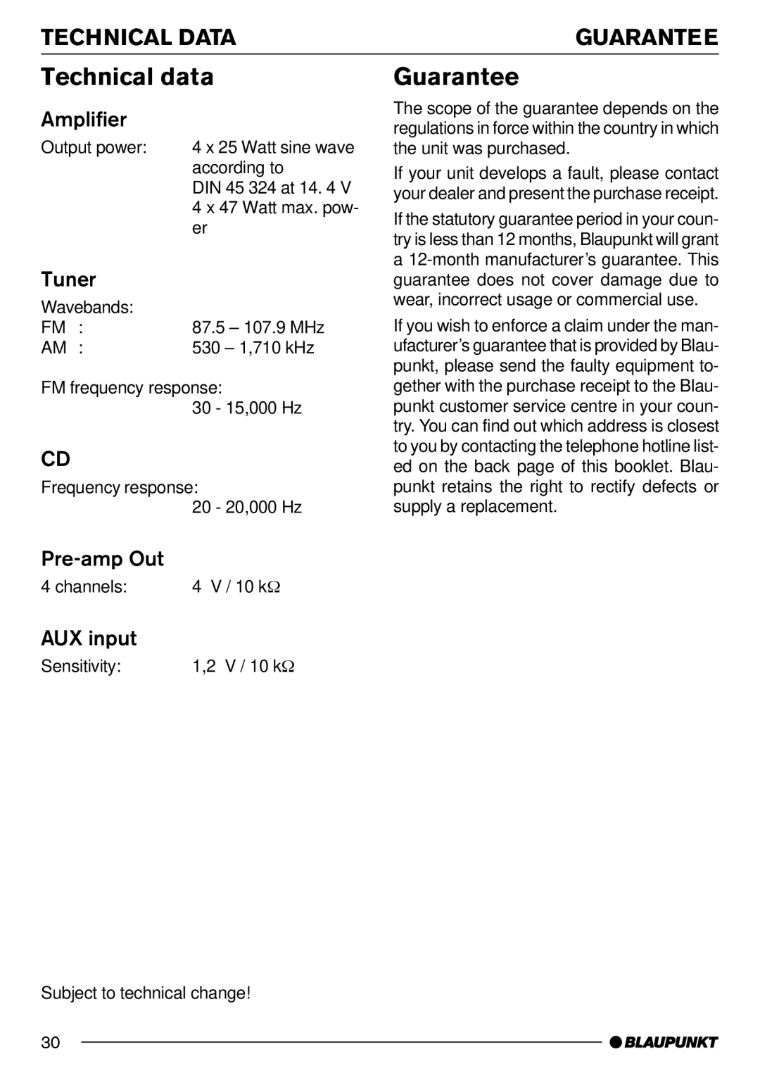 Blaupunkt MP71 operating instructions Technical data, Guarantee, Technical Data 