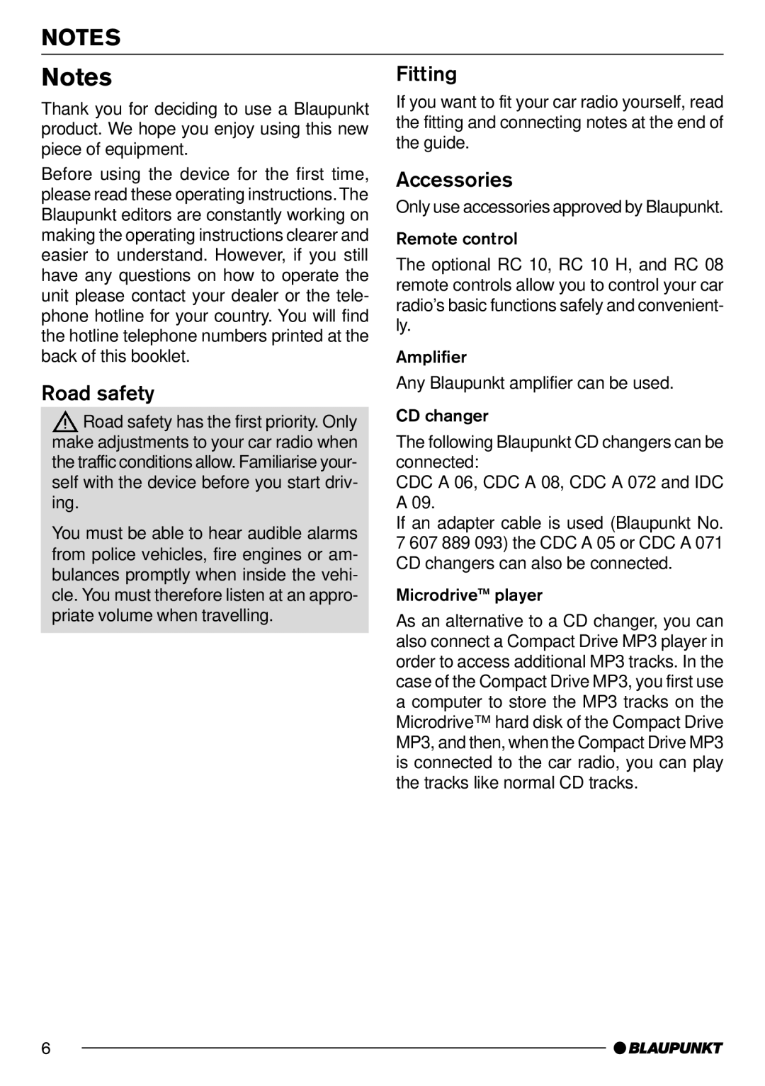 Blaupunkt MP71 operating instructions Road safety, Fitting, Accessories 