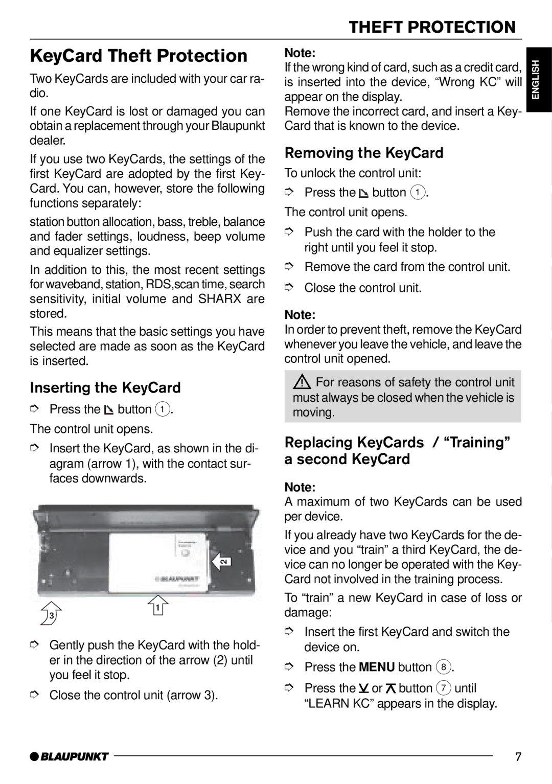 Blaupunkt MP71 operating instructions KeyCard Theft Protection, Inserting the KeyCard, Removing the KeyCard 