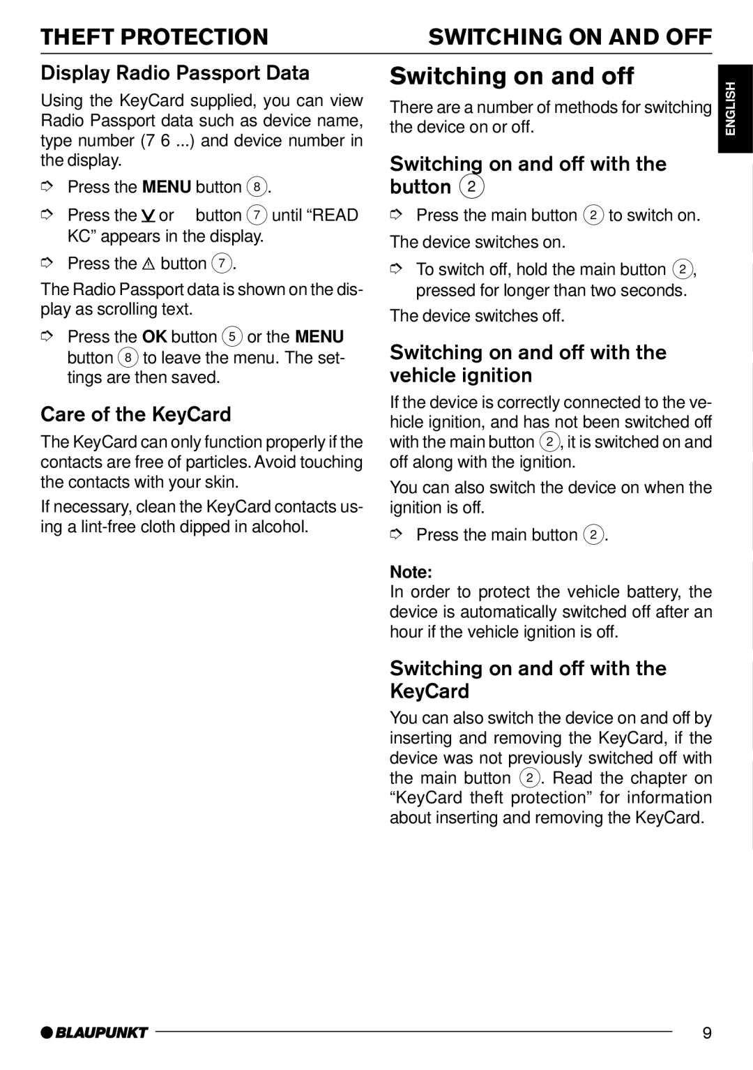 Blaupunkt MP71 operating instructions Switching on and off, Theft Protection Switching on and OFF 