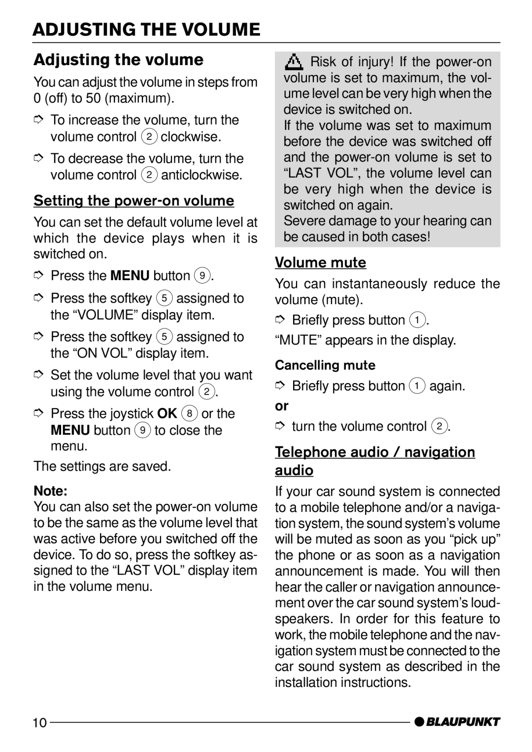 Blaupunkt Seattle MP74 US Adjusting the Volume, Adjusting the volume, Setting the power-on volume, Volume mute 