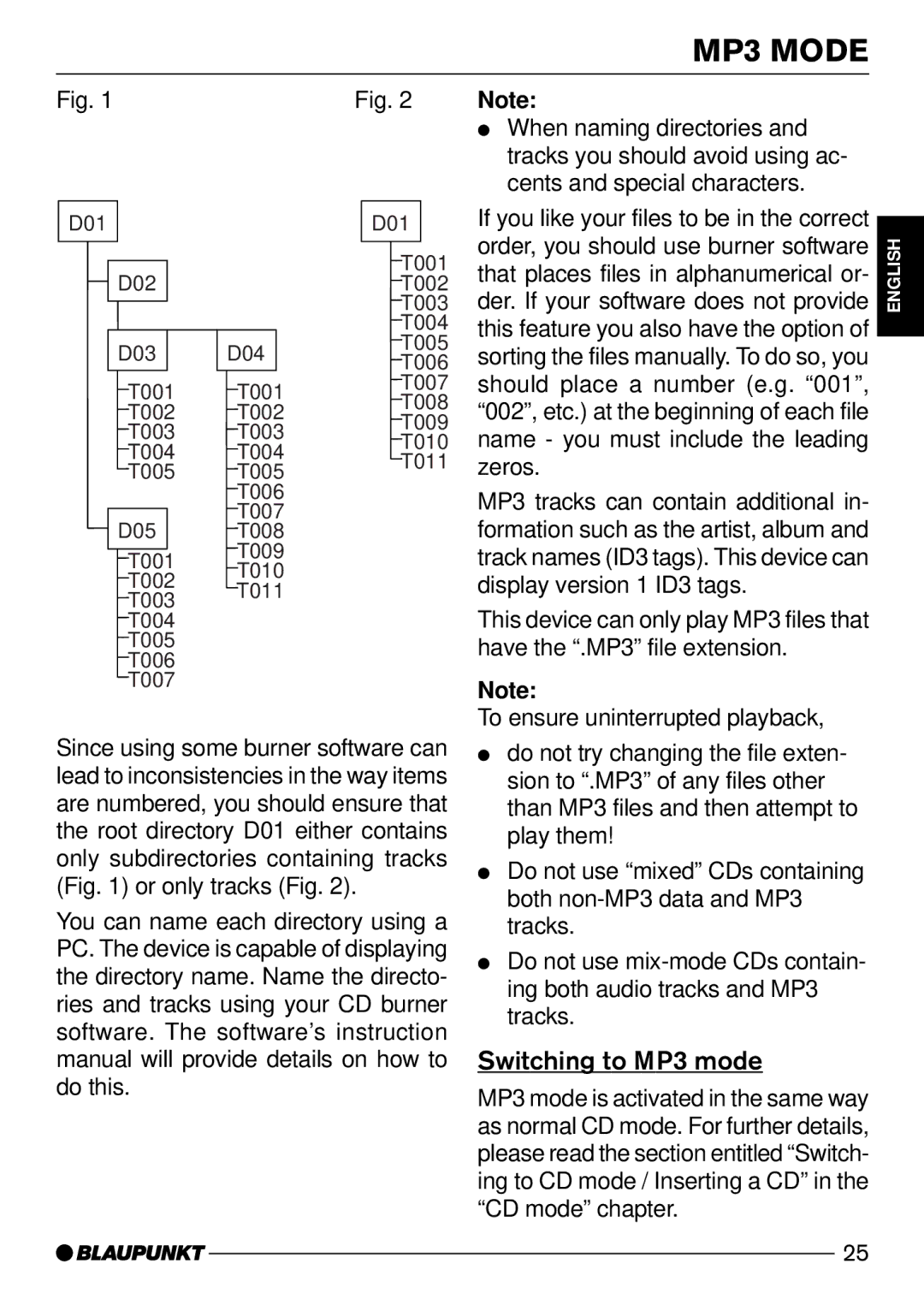 Blaupunkt Seattle MP74 US Switching to MP3 mode, When naming directories, Der. If your software does not provide 