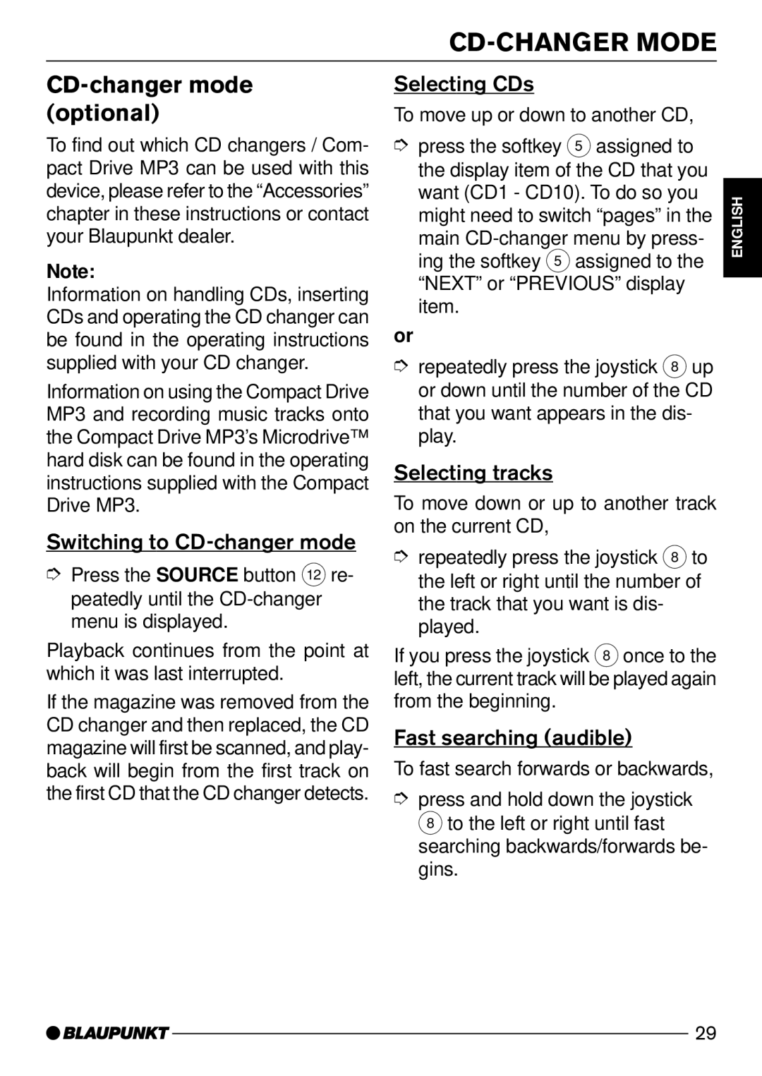 Blaupunkt Seattle MP74 US CD-CHANGER Mode, CD-changer mode optional, Switching to CD-changer mode, Selecting CDs 