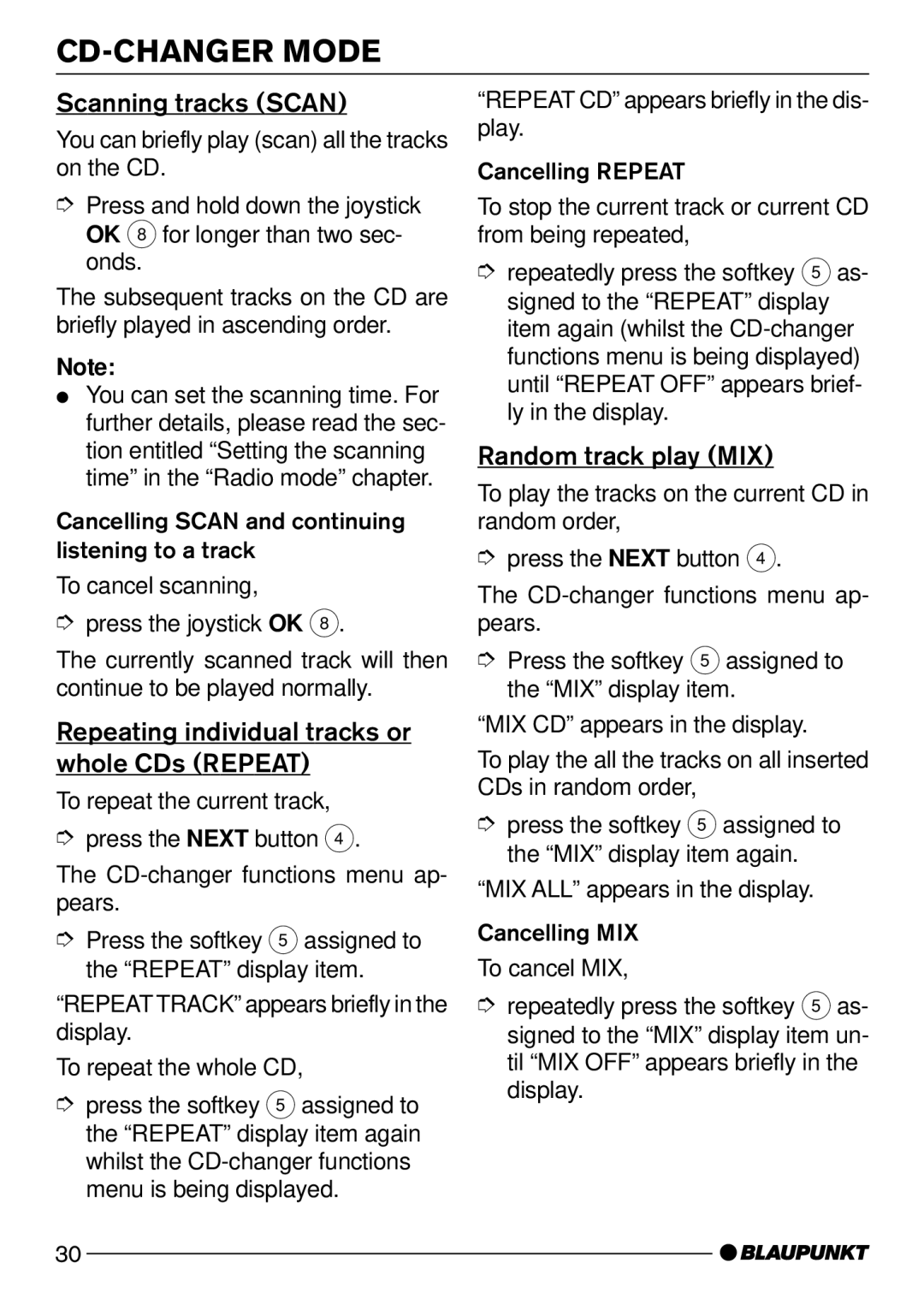 Blaupunkt Seattle MP74 US operating instructions Scanning tracks Scan, Repeating individual tracks or whole CDs Repeat 