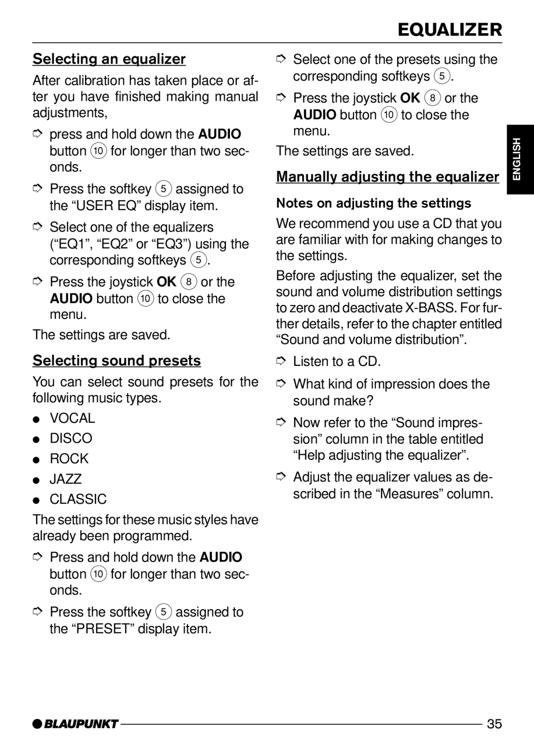 Blaupunkt Seattle MP74 US Selecting an equalizer, Manually adjusting the equalizer, Selecting sound presets 