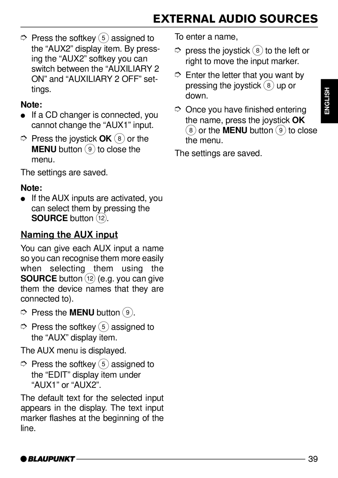 Blaupunkt Seattle MP74 US operating instructions External Audio Sources, Naming the AUX input 