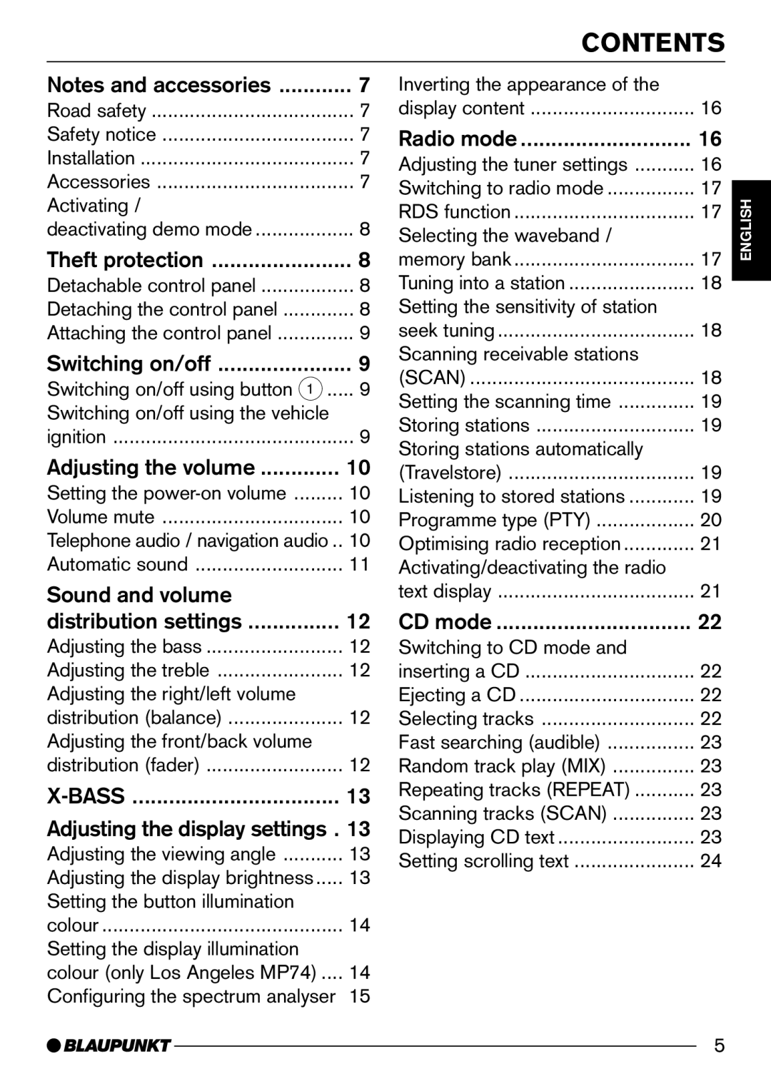 Blaupunkt Seattle MP74 US operating instructions Contents 