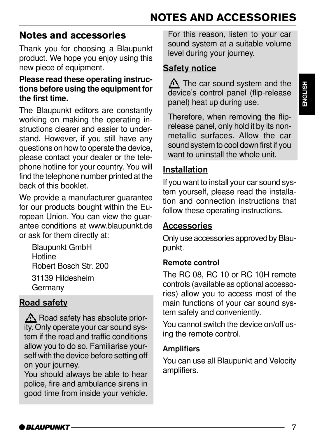 Blaupunkt Seattle MP74 US operating instructions Road safety, Safety notice, Installation, Accessories 