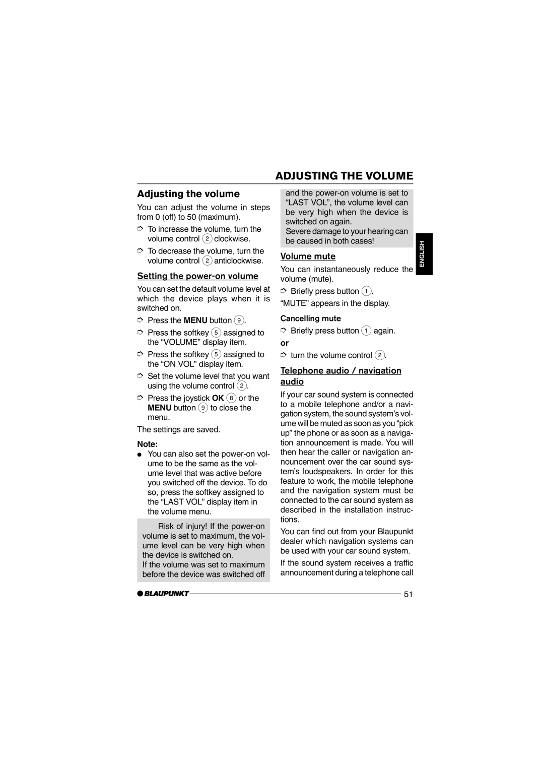 Blaupunkt MP75 operating instructions Adjusting the Volume, Adjusting the volume, Setting the power-on volume, Volume mute 