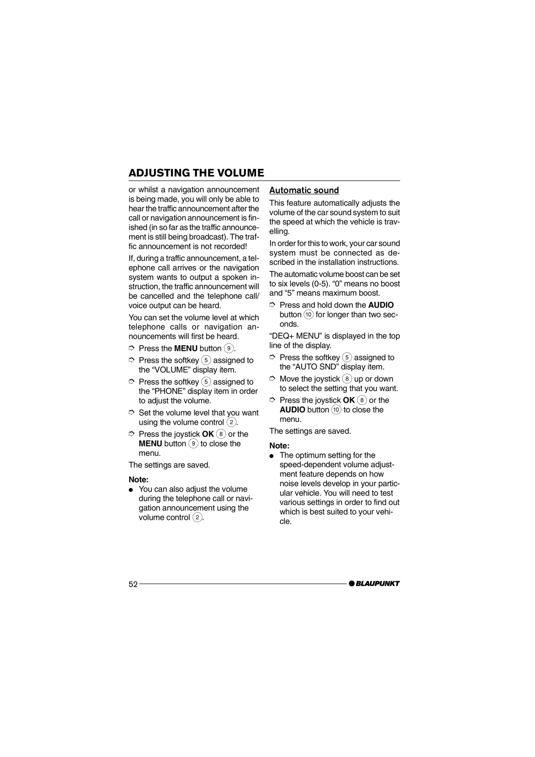 Blaupunkt MP75 operating instructions Automatic sound, Gation announcement using the volume control 