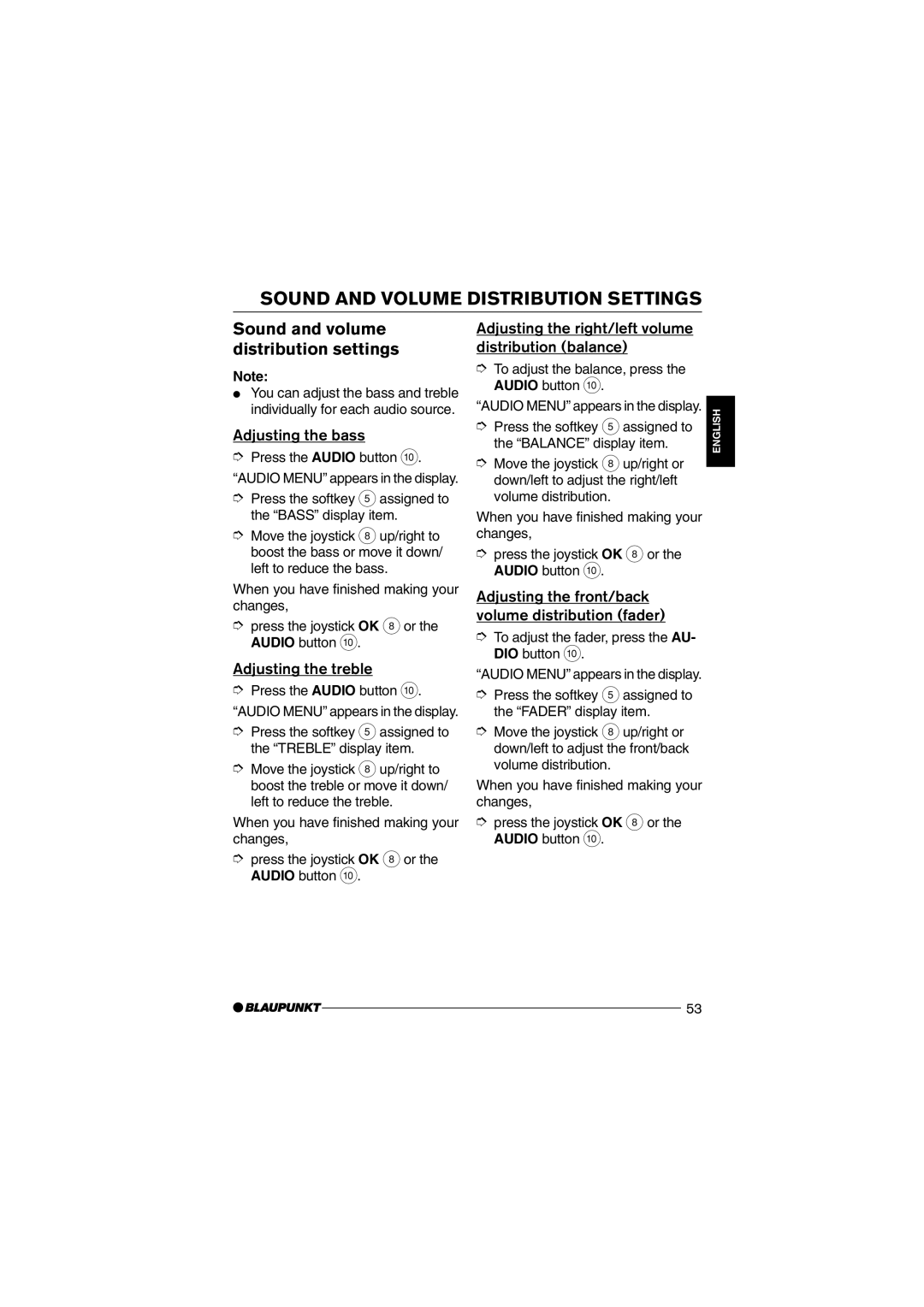 Blaupunkt MP75 operating instructions Sound and Volume Distribution Settings, Sound and volume distribution settings 