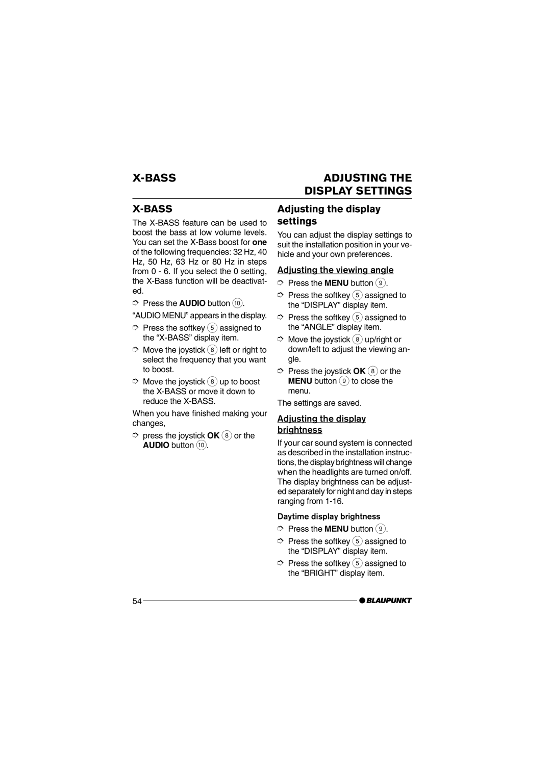 Blaupunkt MP75 Bass Adjusting Display Settings, Adjusting the display settings, Adjusting the viewing angle 