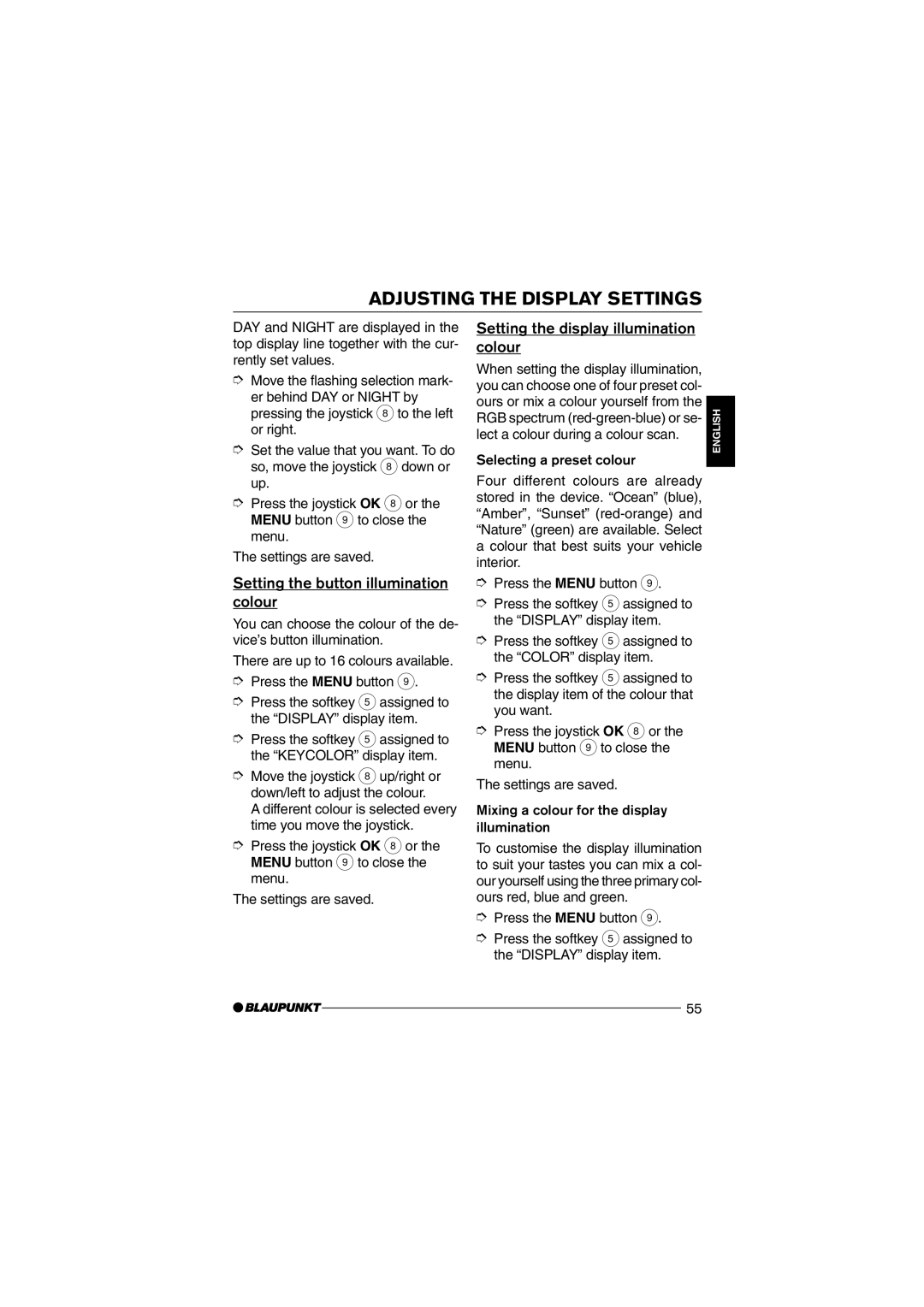 Blaupunkt MP75 operating instructions Adjusting the Display Settings, Setting the button illumination colour 