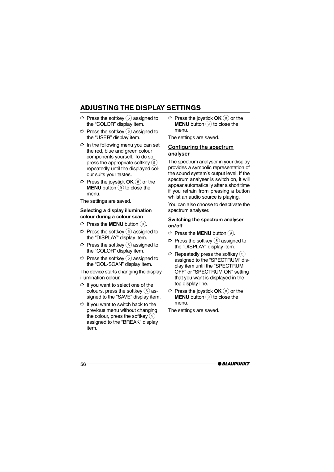 Blaupunkt MP75 operating instructions Configuring the spectrum analyser 