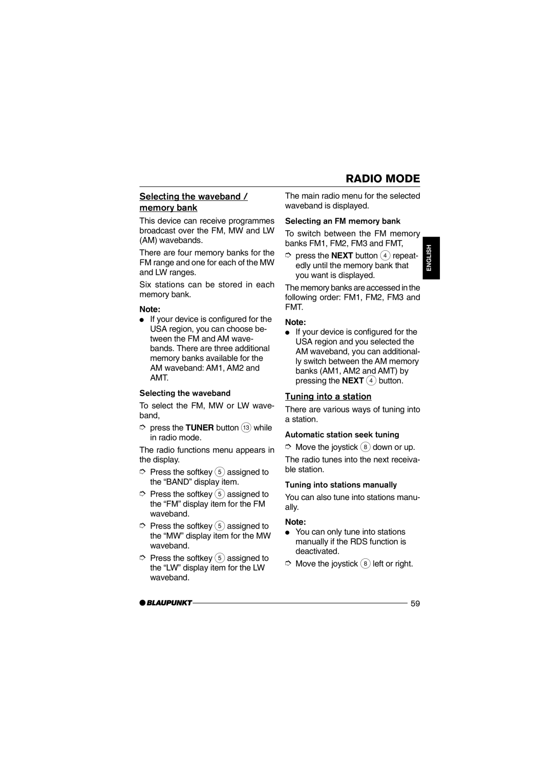 Blaupunkt MP75 operating instructions Selecting the waveband / memory bank, Tuning into a station 