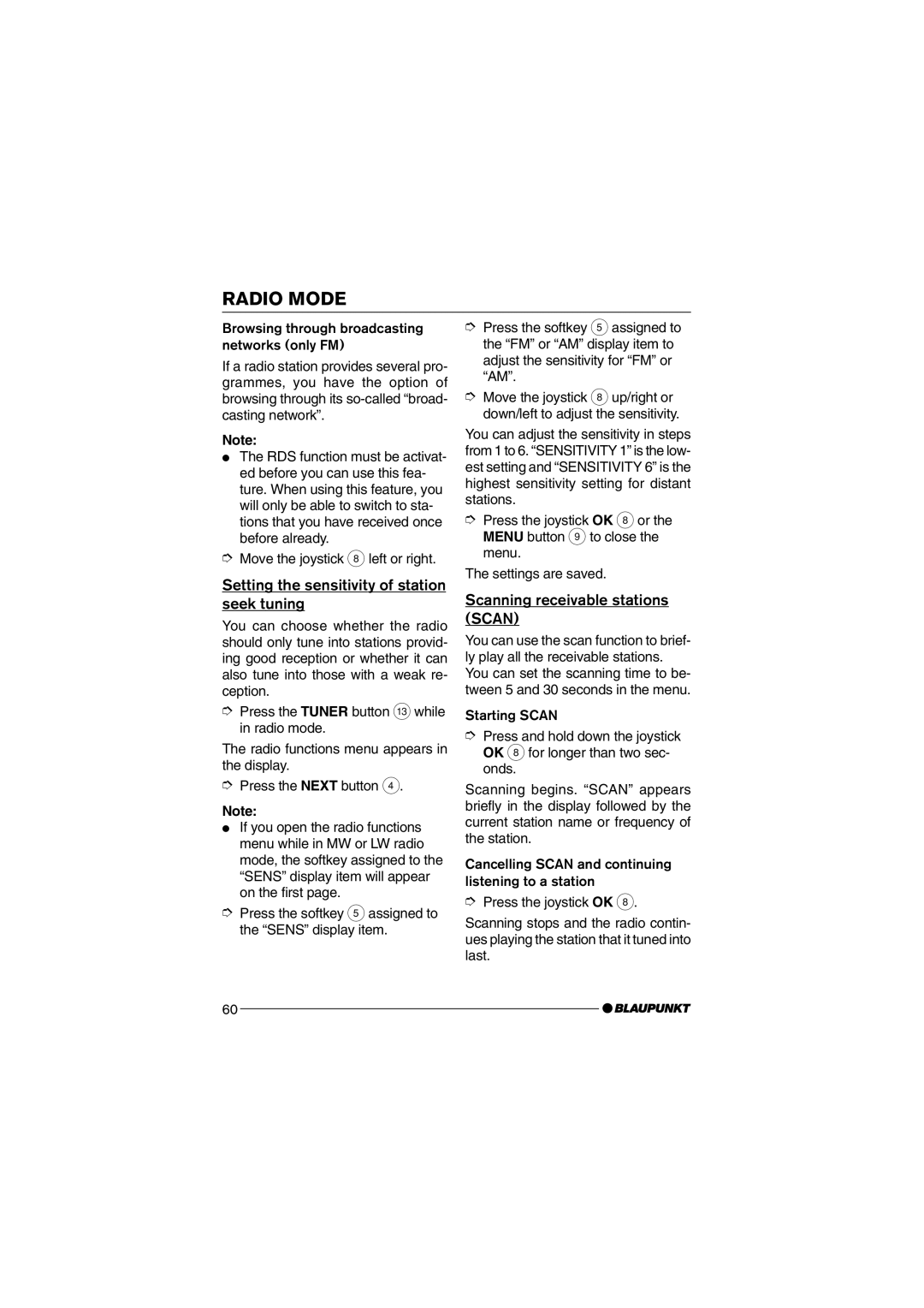 Blaupunkt MP75 operating instructions Setting the sensitivity of station seek tuning, Scanning receivable stations Scan 