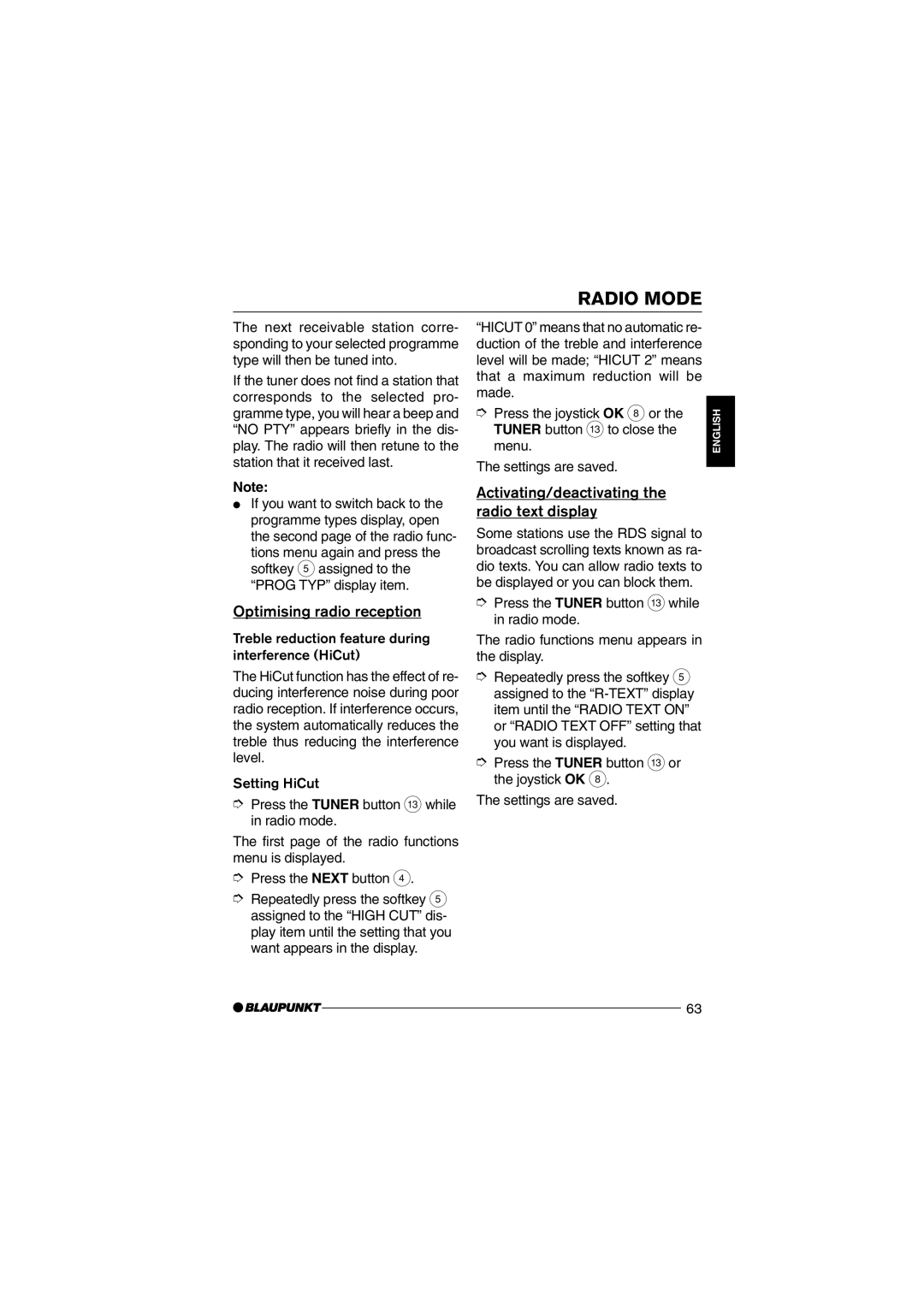 Blaupunkt MP75 operating instructions Optimising radio reception, Activating/deactivating the radio text display 