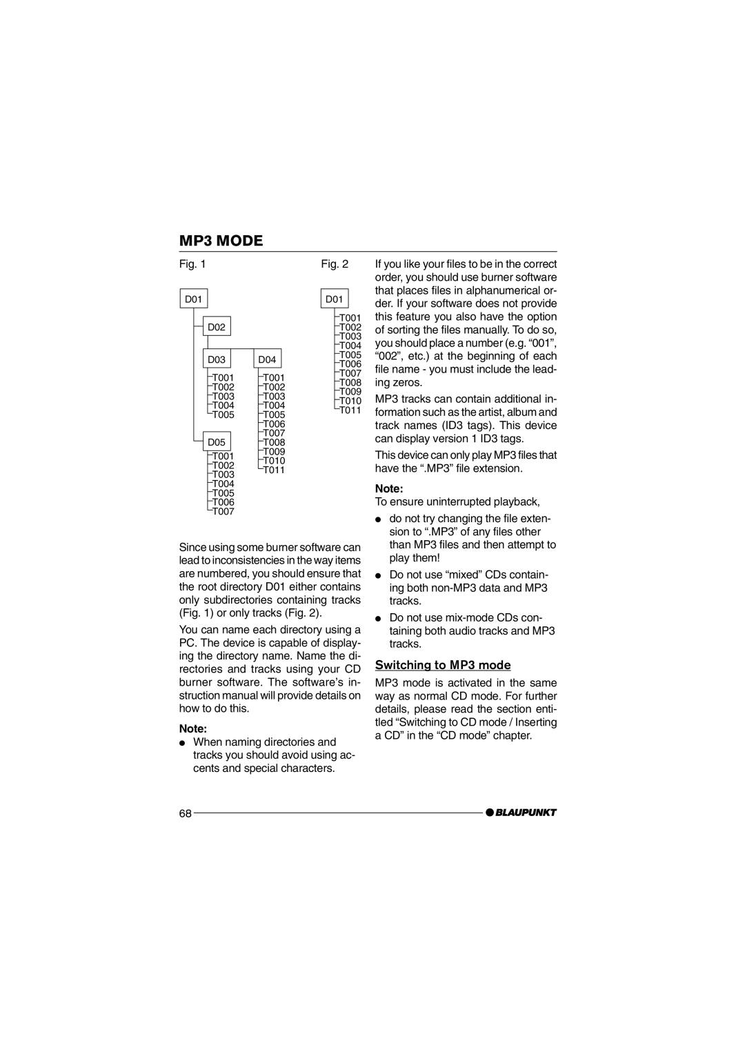 Blaupunkt MP75 operating instructions Switching to MP3 mode 