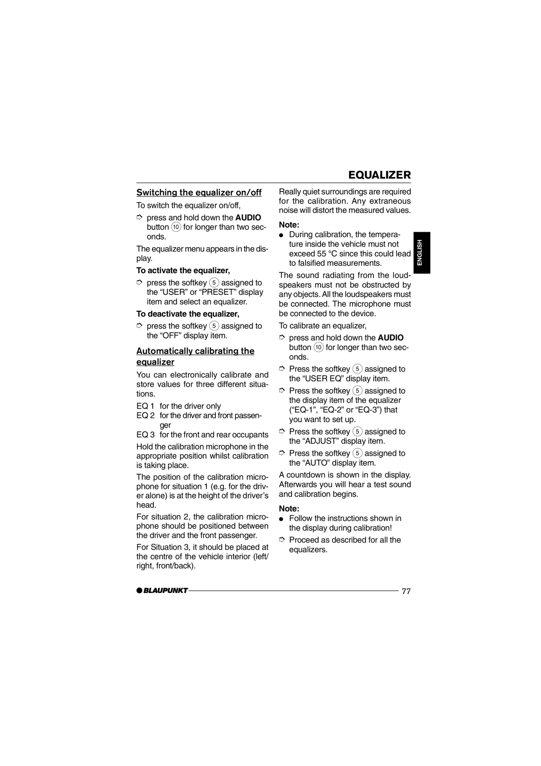 Blaupunkt MP75 operating instructions Switching the equalizer on/off, Automatically calibrating the equalizer, Ger 