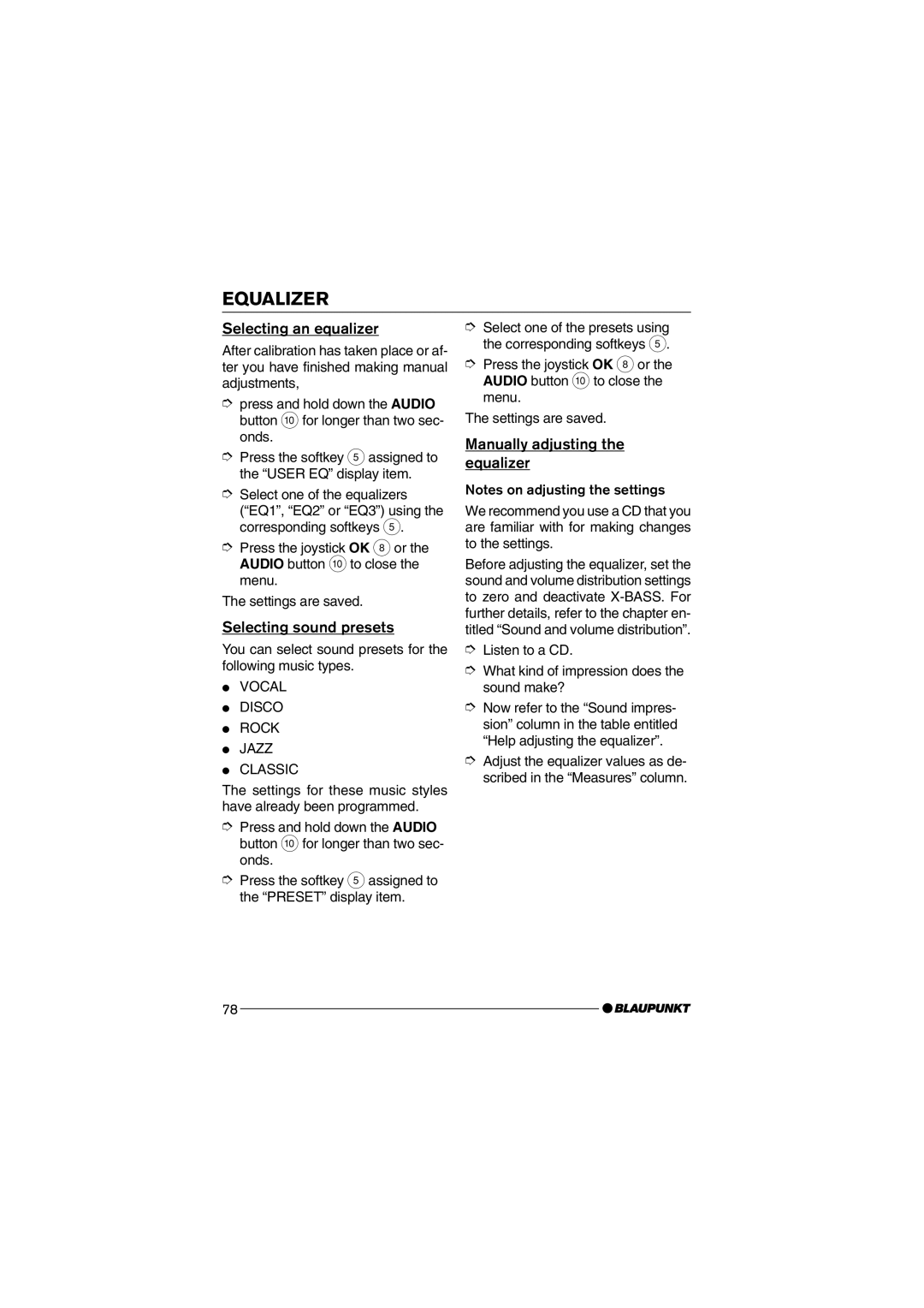 Blaupunkt MP75 operating instructions Selecting an equalizer, Selecting sound presets, Manually adjusting the equalizer 