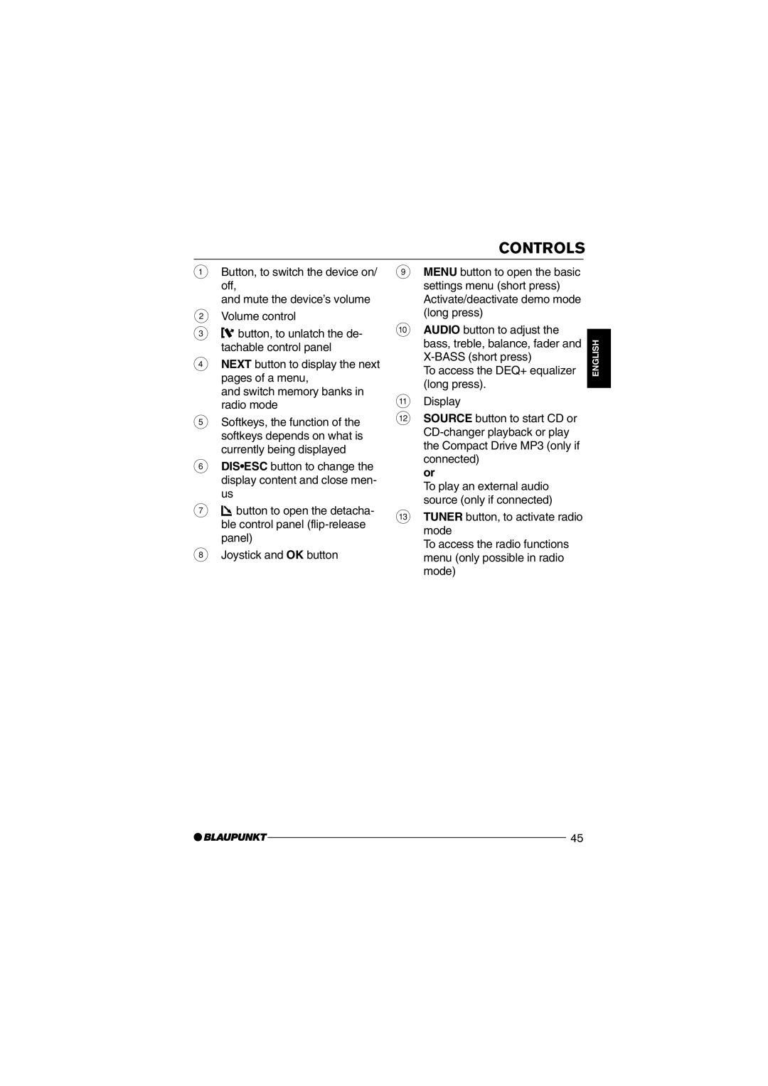 Blaupunkt MP75 operating instructions Controls 