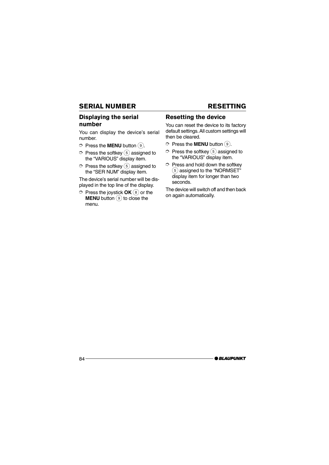 Blaupunkt MP75 operating instructions Serial Number, Displaying the serial number, Resetting the device 