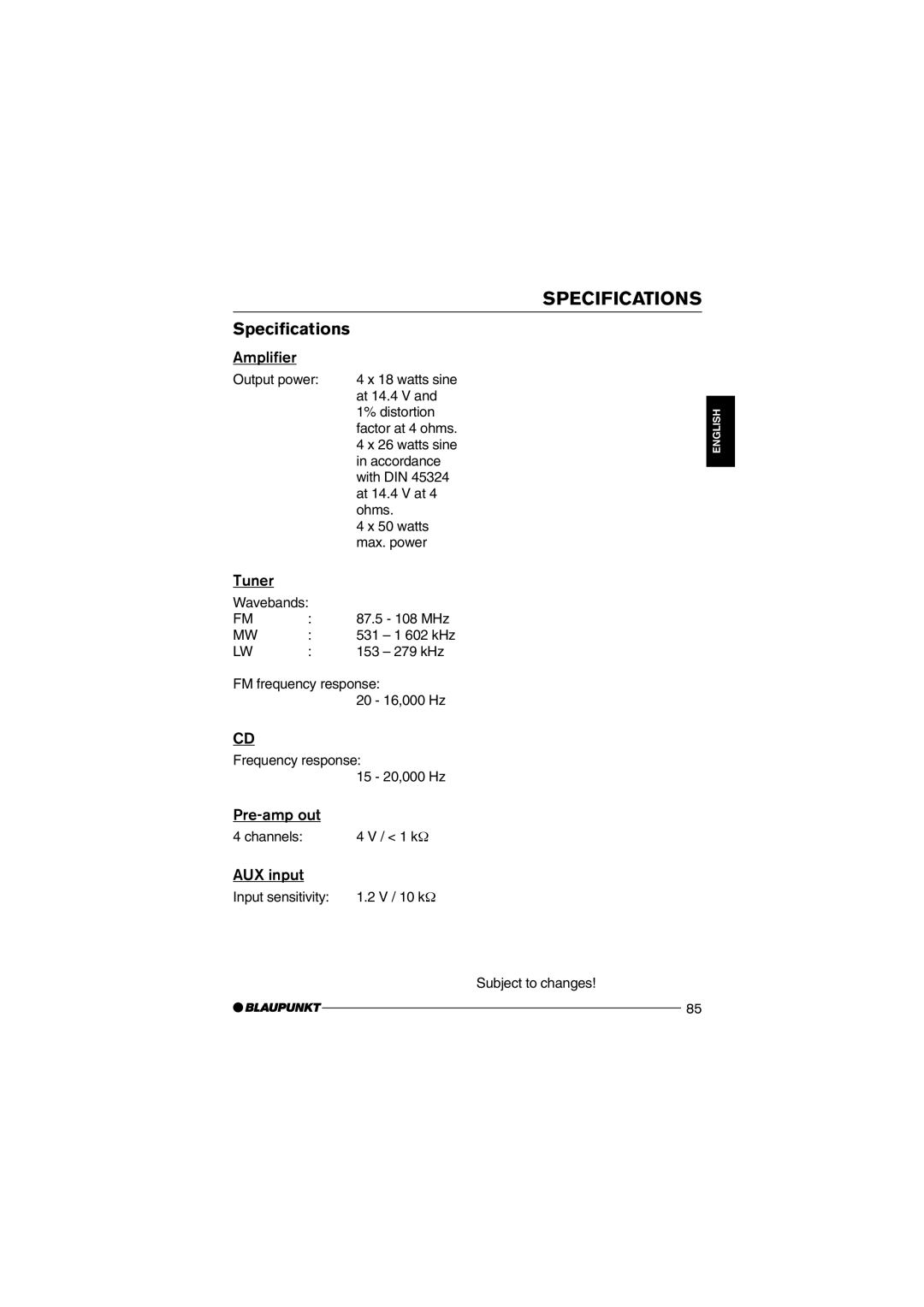 Blaupunkt MP75 operating instructions Specifications 