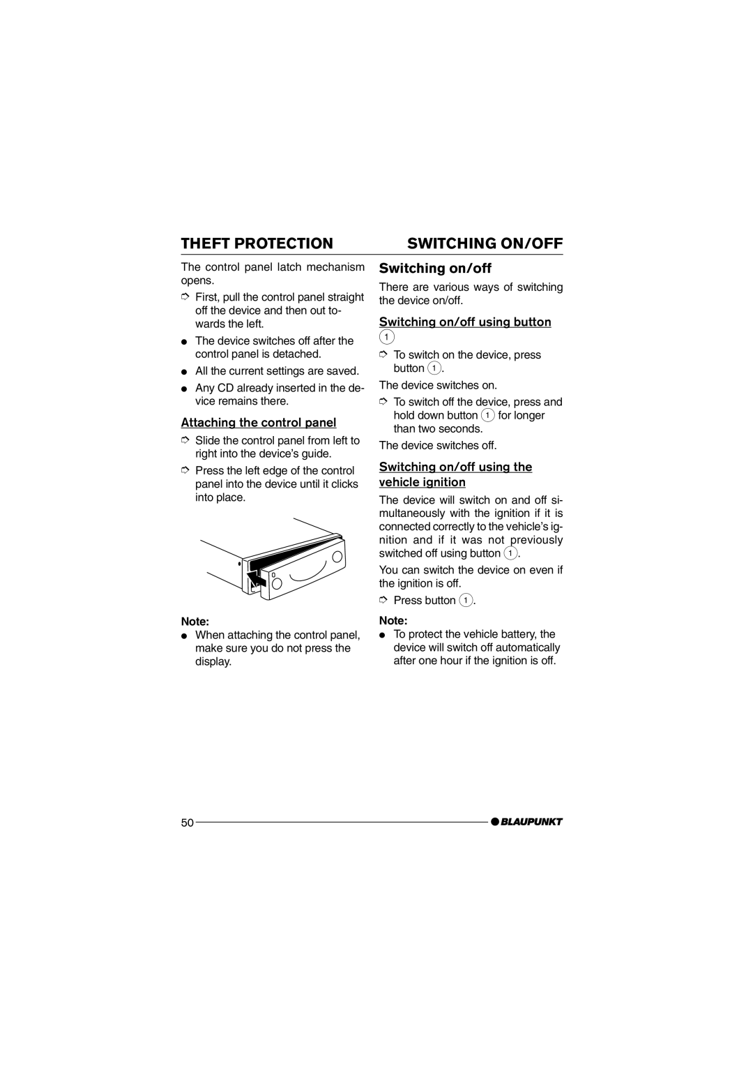 Blaupunkt MP75 operating instructions Theft Protection Switching ON/OFF, Switching on/off, Attaching the control panel 