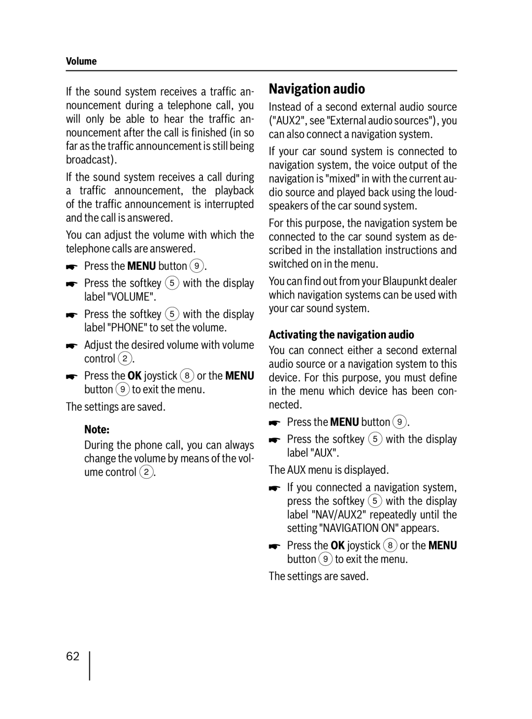 Blaupunkt MP76 operating instructions Navigation audio, Activating the navigation audio 