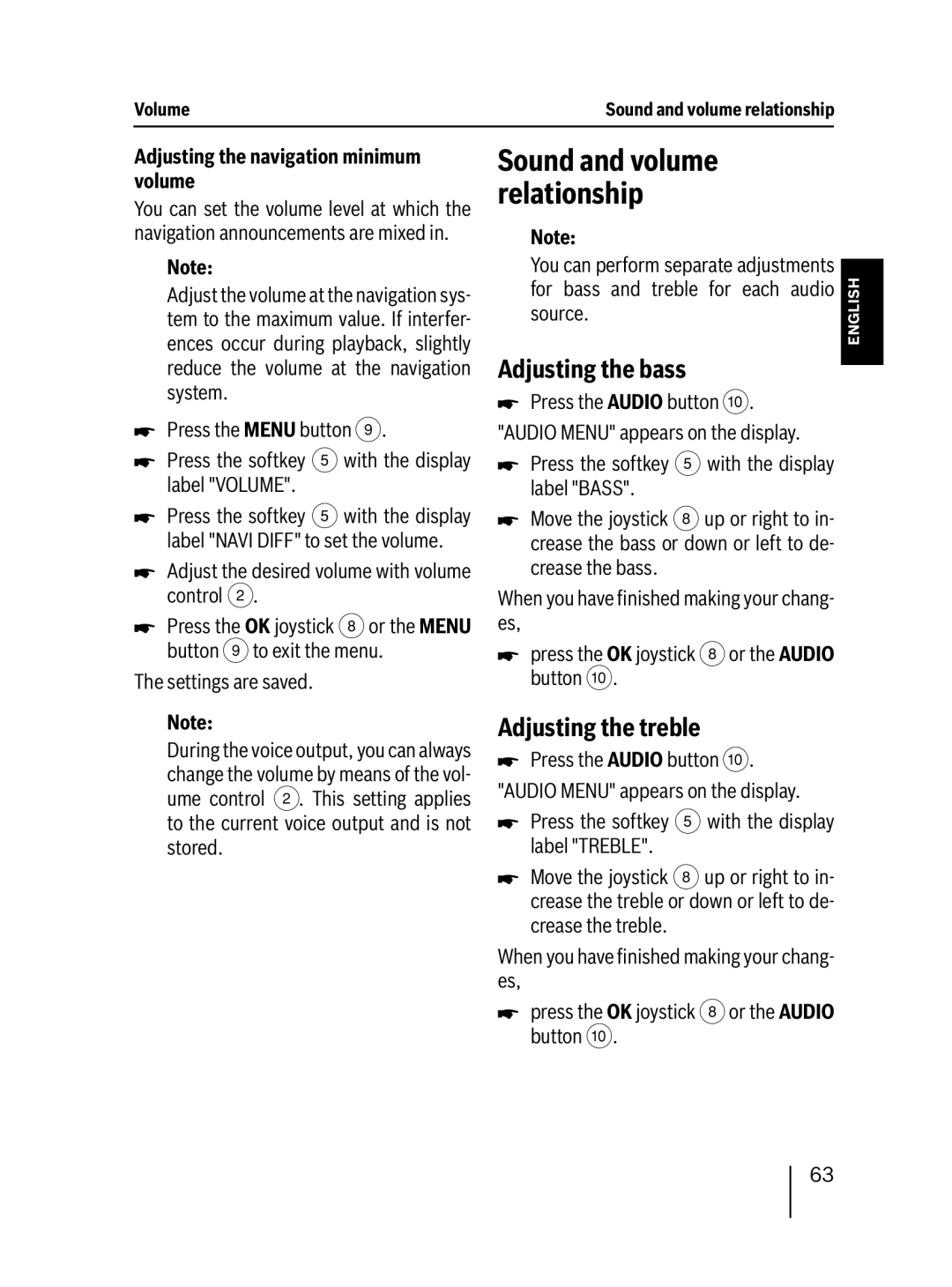 Blaupunkt MP76 operating instructions Sound and volume relationship, Adjusting the bass, Adjusting the treble 