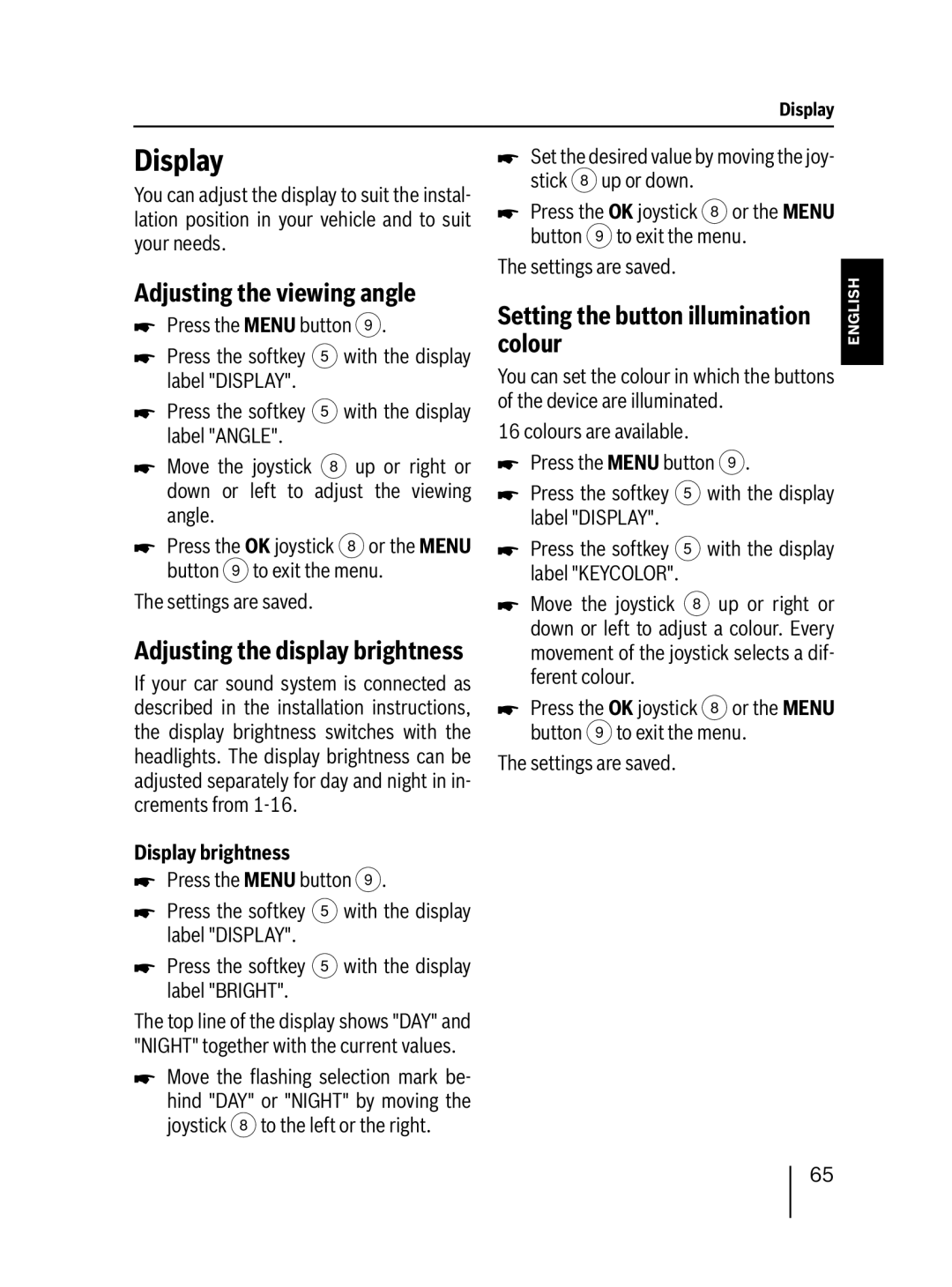 Blaupunkt MP76 Adjusting the viewing angle, Setting the button illumination colour, Display brightness 