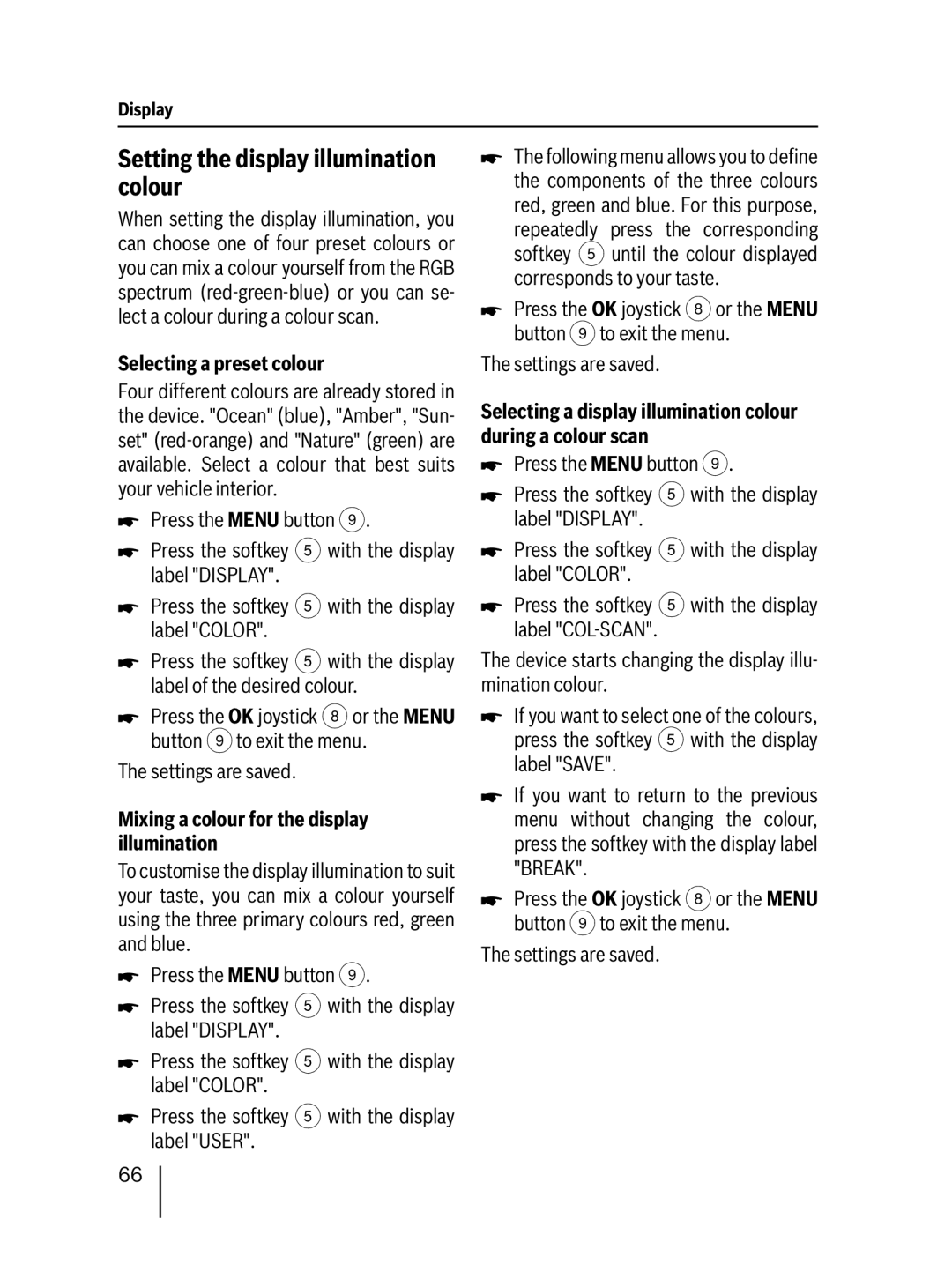 Blaupunkt MP76 operating instructions Setting the display illumination colour, Selecting a preset colour 