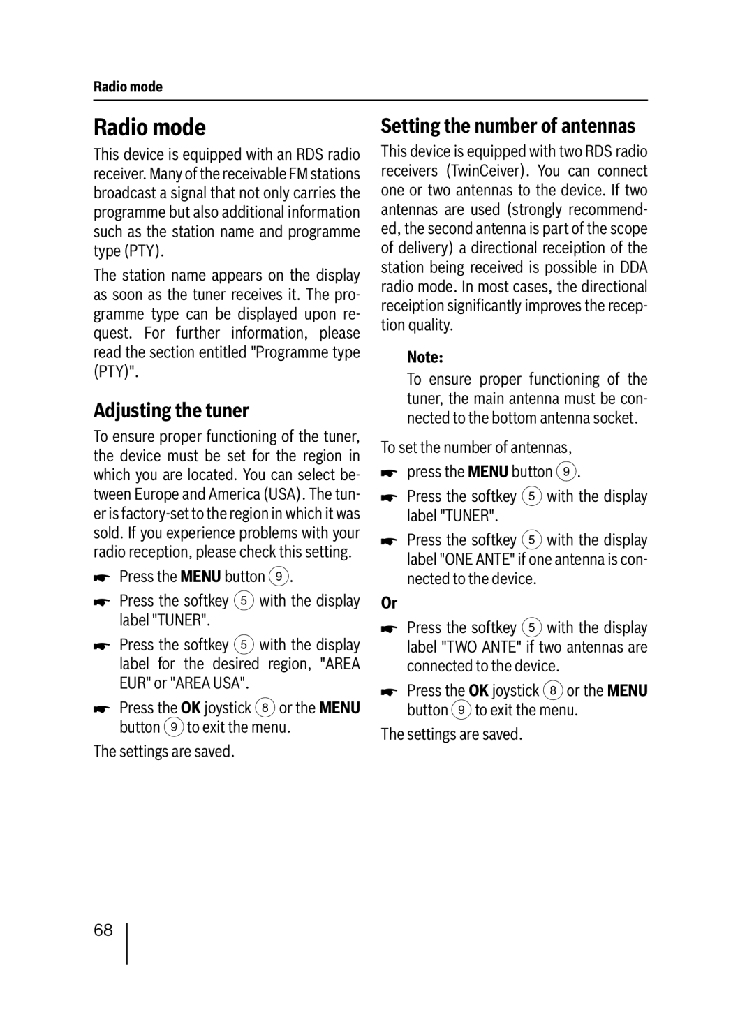 Blaupunkt MP76 operating instructions Radio mode, Adjusting the tuner, Setting the number of antennas 