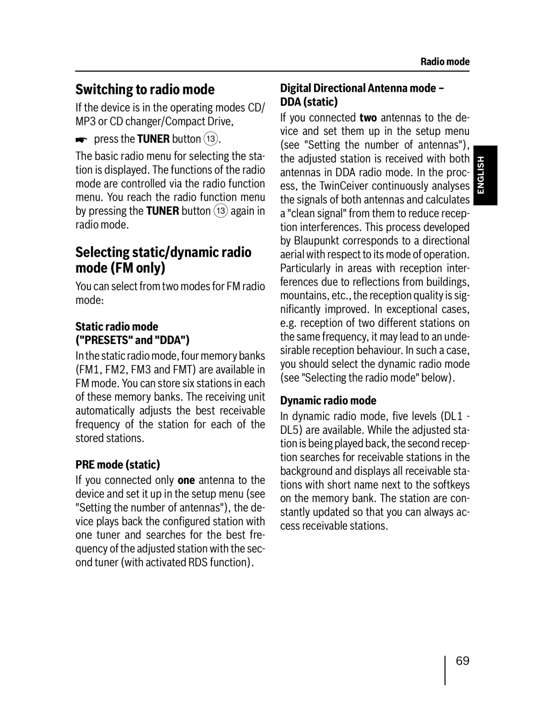 Blaupunkt MP76 Switching to radio mode, Selecting static/dynamic radio mode FM only, PRE mode static, Dynamic radio mode 