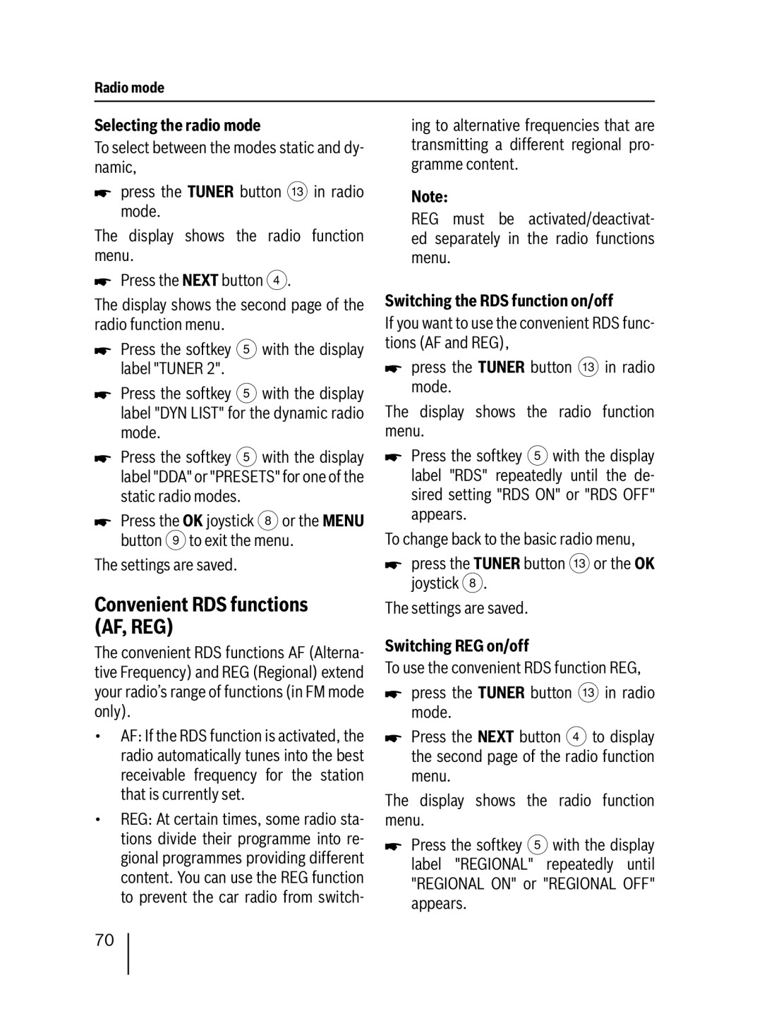 Blaupunkt MP76 Convenient RDS functions AF, REG, Selecting the radio mode, Switching the RDS function on/off 