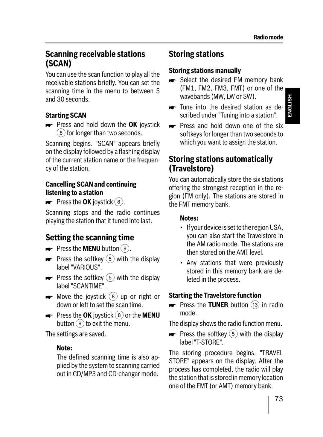 Blaupunkt MP76 operating instructions Scanning receivable stations Scan, Setting the scanning time, Storing stations 