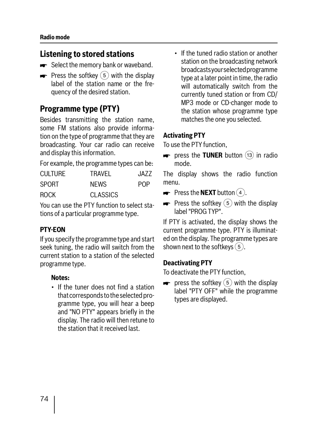 Blaupunkt MP76 operating instructions Listening to stored stations, Programme type PTY, Activating PTY, Deactivating PTY 