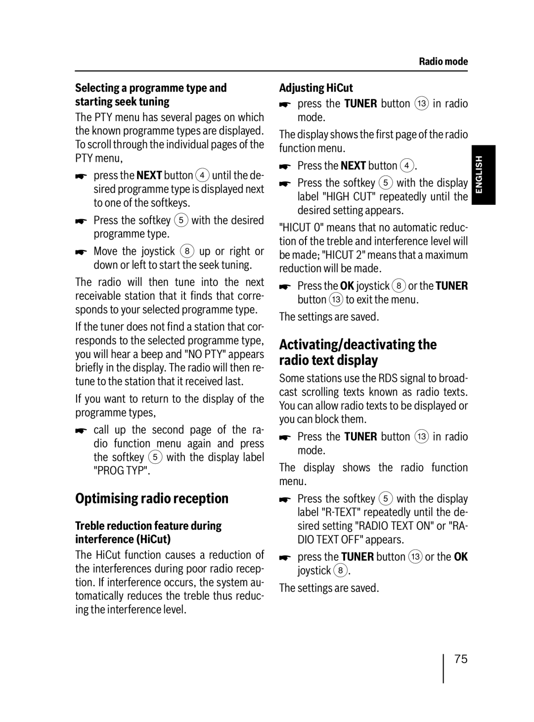 Blaupunkt MP76 Optimising radio reception, Activating/deactivating the radio text display, Adjusting HiCut 