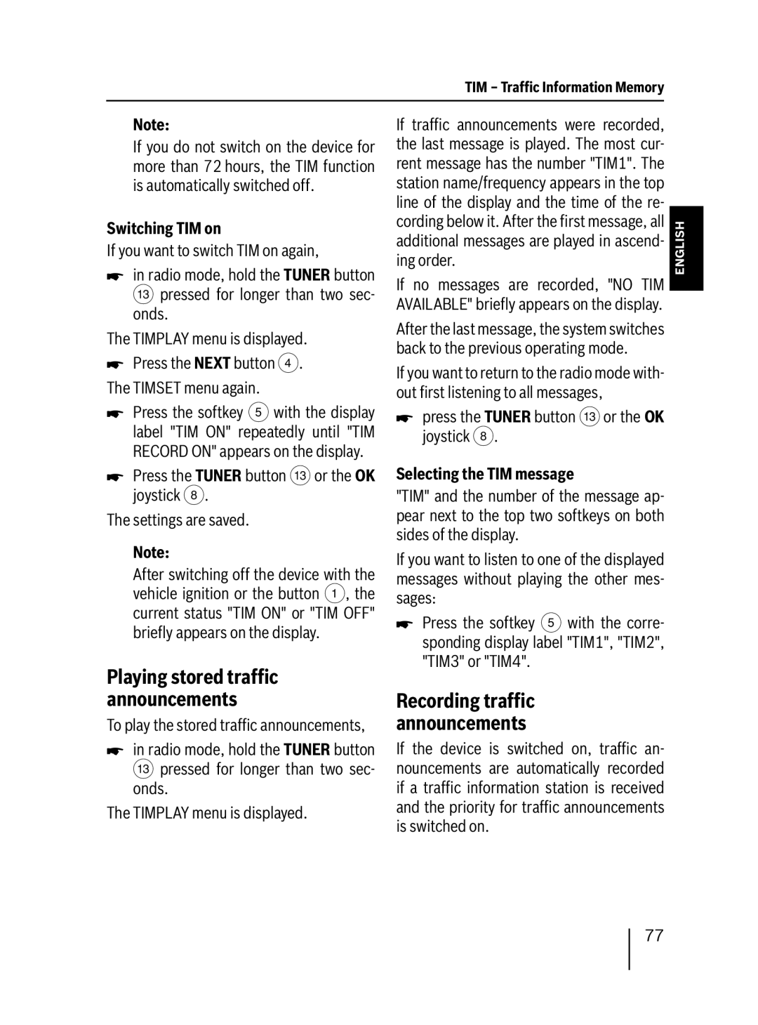 Blaupunkt MP76 operating instructions Recording trafﬁc announcements, Switching TIM on, Selecting the TIM message 