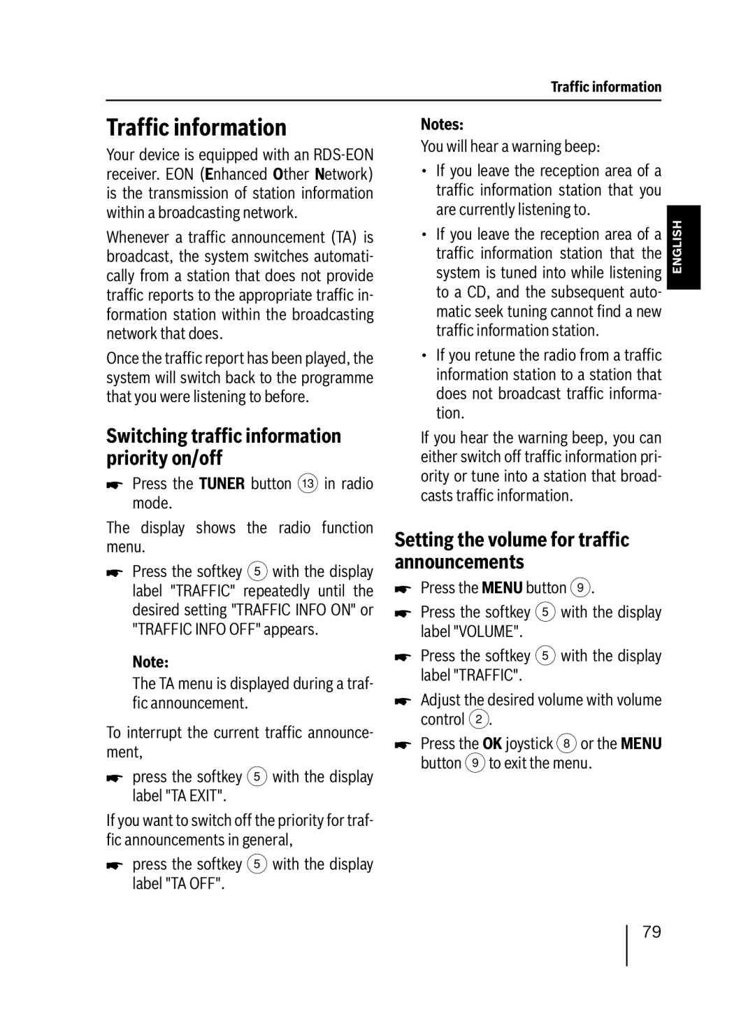 Blaupunkt MP76 operating instructions Trafﬁc information, Setting the volume for trafﬁc announcements 