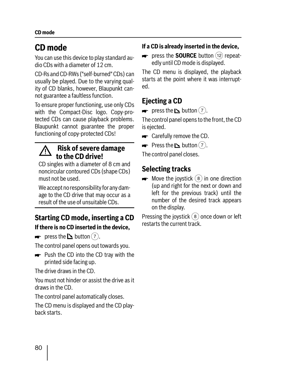 Blaupunkt MP76 operating instructions Ejecting a CD, Selecting tracks, Starting CD mode, inserting a CD 