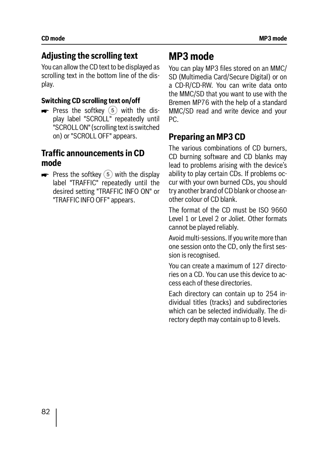 Blaupunkt MP76 MP3 mode, Adjusting the scrolling text, Trafﬁc announcements in CD mode, Preparing an MP3 CD 