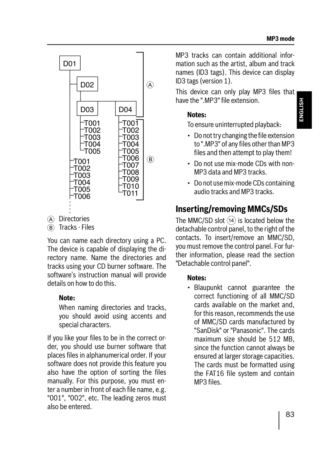 Blaupunkt MP76 operating instructions Inserting/removing MMCs/SDs, D01 D02 