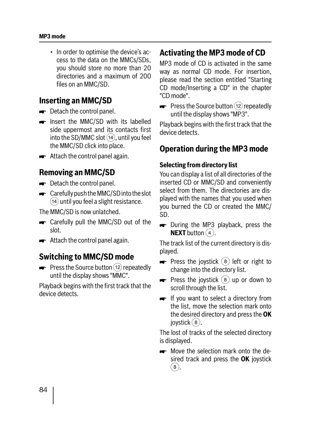 Blaupunkt MP76 Inserting an MMC/SD, Removing an MMC/SD, Switching to MMC/SD mode, Activating the MP3 mode of CD 